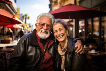 Obraz na płótnie Canvas Joyful elderly couple share a loving moment at an outdoor city cafe, radiating genuine happiness.