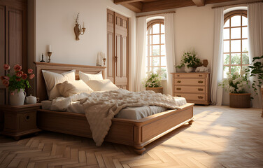  a bedroom with a wooden bed ai generative