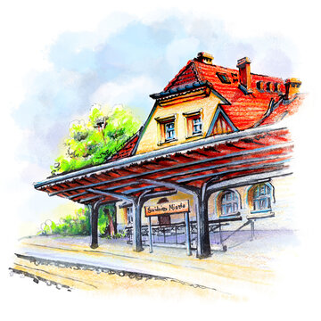 Watercolor sketch of Swidnica train station, Silesia, Poland.