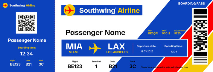 Low cost airline boarding pass template. Airplane ticket mock up. Flight information included: passenger name, gate, seat, date, time of flight, bar code, qr code. Vector illustration.