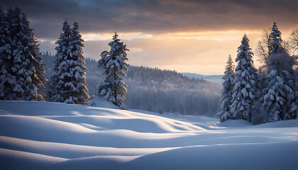 winter snowy area. snow covered landscape with trees in the background