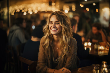 Smiling young woman enjoying an evening in a cafe, surrounded by warm bokeh lights and a lively atmosphere.