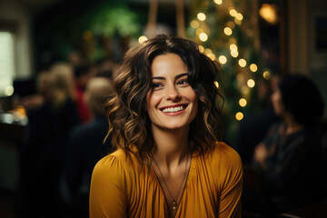 A radiant woman with curly hair smiles joyfully amidst a festive evening gathering with glowing lights.