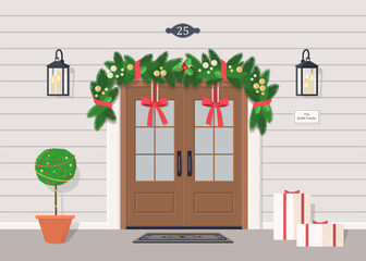 Cute double front door with Christmas decoration, garland, street lanterns, gifts and plant. Exterior concept for house. Cartoon flat style. Vector illustration