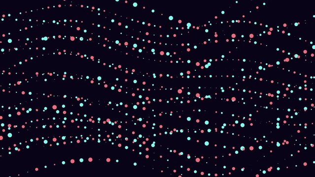 Seamless pattern of red and blue dots on a black background arranging in a wave like pattern, creating a visually interesting and dynamic design applicable in various contexts