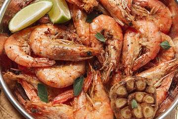 Fried king prawns, in shell, with spices, size 30/40 , unpeeled shrimp,homemade, no people,