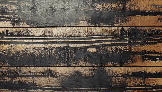 vecchia e rustica superficie realizzata in liste di legno verniciato nero e oro, vista da sopra