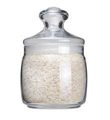 Glass jar with raw long rice basmati on white background