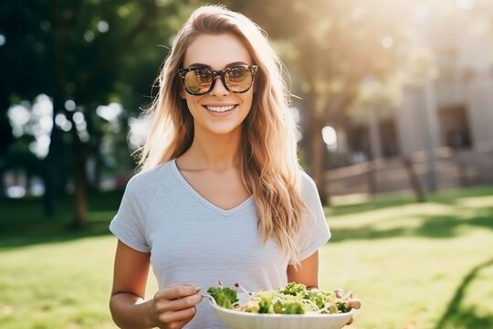 caucasian Young woman eating healthy salad after exercising in the park in tracksuit in daytime