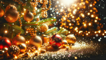 Fototapeta na wymiar Festive New Year or Christmas scene with golden sparkling decorations and gifts near the Christmas tree