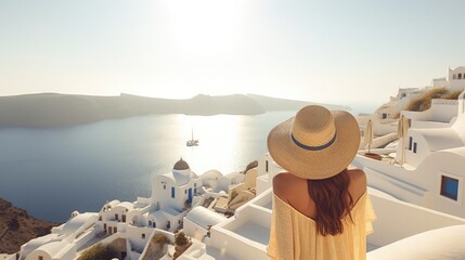 A traveler woman with white dress looking Oia, Santorini. - obrazy, fototapety, plakaty