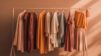 Elegant clothes hanging on the clothes rack. In a simple minimalist style