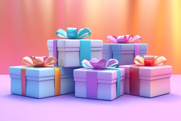 Obraz premium Bright gift boxes with ribbons on a pink-orange background.