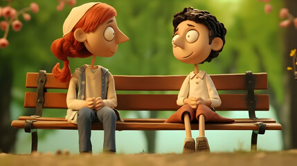cartoon drawing of couple sit on park bench - obrazy, fototapety, plakaty
