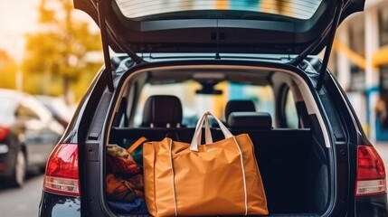 Shopping bags in car trunk at mall parking