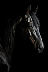 Black horse with long mane. Portrait close up.