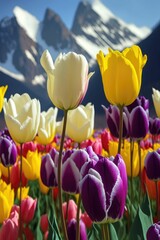 Vibrant tulip rows under the radiant sun nestled in majestic mountain landscape