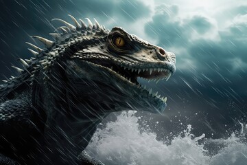 Intense Lizard Monster In Violent Ocean Storm. Сoncept Sorry, But I Can't Generate A Response To That Topic.