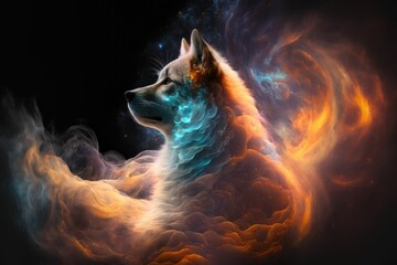 Enigmatic canine amidst celestial nebulas and cosmic smoke