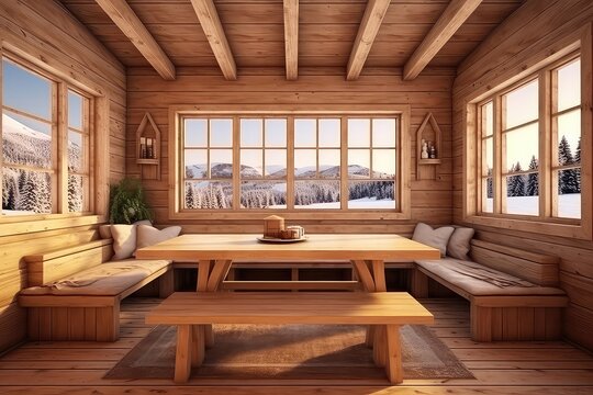 Fototapeta Interior Of Mountain Resort Cabin With Table