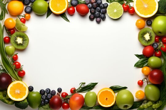 AI generated fruit and vegetable picture frame on a vibrant white backdrop