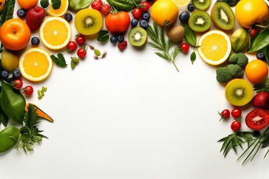AI generated fruit and vegetable picture frame on a vibrant white backdrop