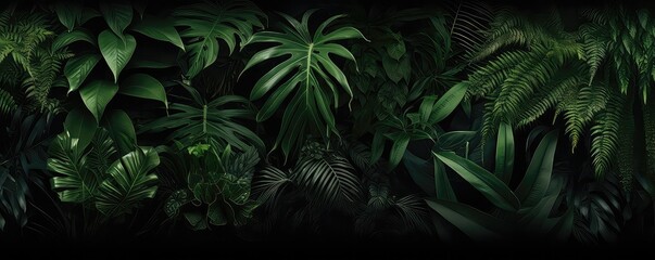 Lush Tropical Rainforest Foliage On Black Background. Сoncept Minimalist Home Decor, Dramatic Sunset Landscapes, Candid Street Photography, Abstract Architectural Details