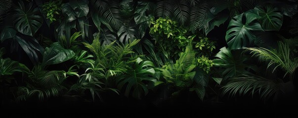 Lush Tropical Rainforest Foliage On Black Background - obrazy, fototapety, plakaty