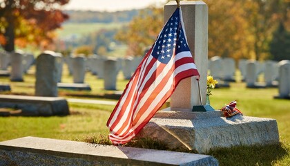 national american flag and army flag placed on gravestone in military cemetery on early autumn day ai generated