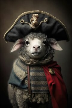 Portrait of a sheep dressed up as a pirate with hat