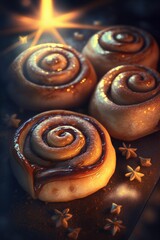 Fototapeta premium Cinnamon rolls on the cutting board with cinnamon sticks