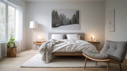 Bedroom decor, home interior design . Scandinavian Modern style with Window decorated with Light Wood and Glass material . Generative AI AIG26.
