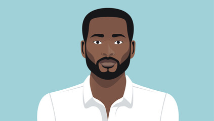 African American man portrait - Adult male person face and upper body with beard and white shirt looking at camera with serious facial expression. Flat design vector illustration
