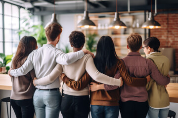 Group of mix race people, co-workers hugging each other at the work place supporting each other, back view. Unity, togetherness, straight and LGBTQ people working together - obrazy, fototapety, plakaty