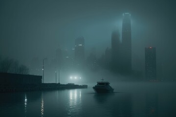 Naklejka premium Misty morning toronto skyline, lake ontario with fog blanket