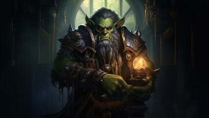  Fantasy Orc with a crystal ball in his hand and a large beard, generative ai