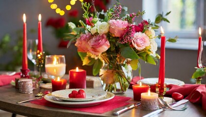 holidays dinner party and celebration concept close up of festive table serving with flowers in vase and candles burning at home on valentine s day