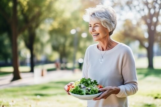 Caucasian old woman eating healthy salad after exercising in the park in sportswear during the day