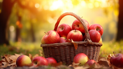 A beautiful basket stands out against the sunset filled with apples in an autumn park. Warm-hued apples of the season in a charming portrait of the bounty of the harvest.