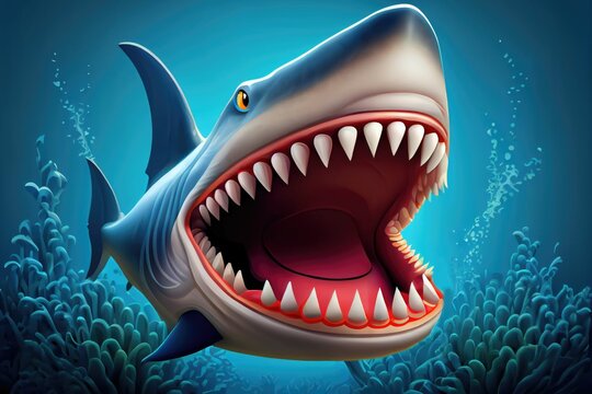 Cute cartoon shark character, big teeth smiling