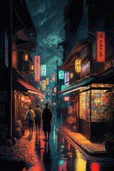 Naklejka premium Energetic urban nightlife: a vibrant japanese cityscape in paint