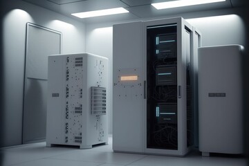 Tech background data center, servers futuristic design, server room with racks and dramatic lighting