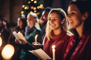 Christmas Caroling - Group of people, holding candles and songbooks, singing with cheerful expressions - AI Generated - Powered by Adobe