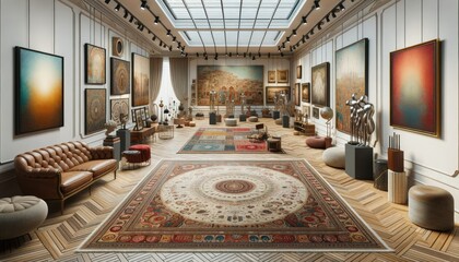 Obraz premium An opulent art gallery with rich, detailed artworks adorning the walls. The space is embellished with vintage furnishings, intricate rugs, and exquisite sculptures, under a modern skylight ceiling.