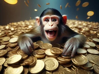 Zelfklevend Fotobehang monkey bathes in gold, person holding a coin © Aleksandr