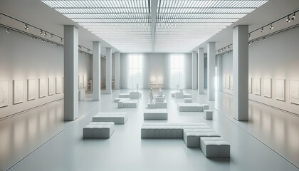 A spacious modern gallery with a grid ceiling design allowing diffused daylight, showcasing framed sketches on walls, pristine sculptures on platforms, and modular seating arrangements.
