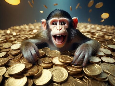 monkey bathes in gold, person holding a coin
