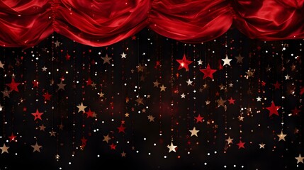 Festive dark red Background of shiny Stars and Decoration. Template for Holidays and Celebrations