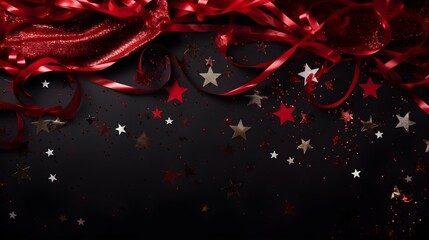 Festive dark red Background of shiny Stars and Decoration. Template for Holidays and Celebrations