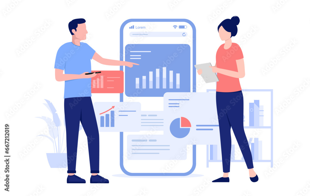 Aufkleber people working with analytics and data - man and woman analysing business financial diagram and char